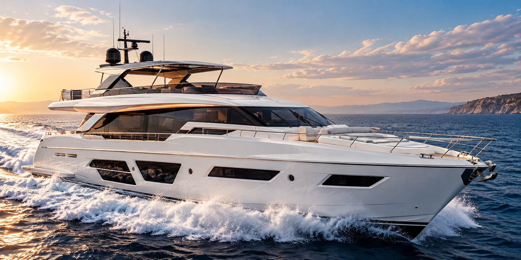 Iaht flybridge alb navigând cu viteză